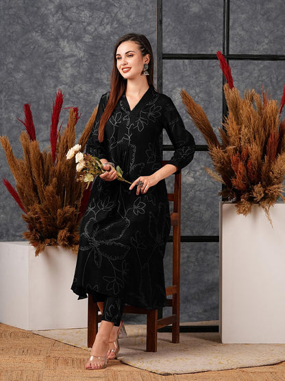 Women's Rayon Viscose Printed A-Line Kurta with Pant