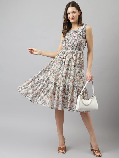 Women's Off White Georgette Floral Printed Tiered Western Dress
