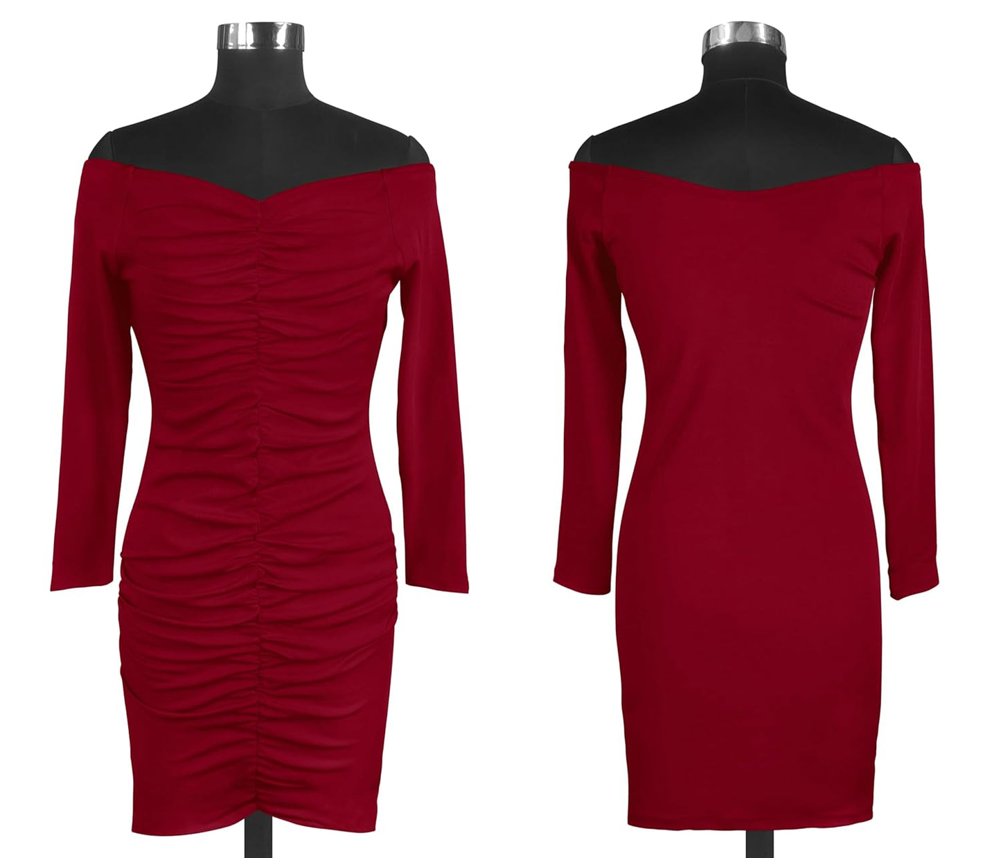 Off-Shoulder Ruched Bodycon Dress, Long Sleeve, Wine Red