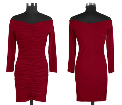Off-Shoulder Ruched Bodycon Dress, Long Sleeve, Wine Red