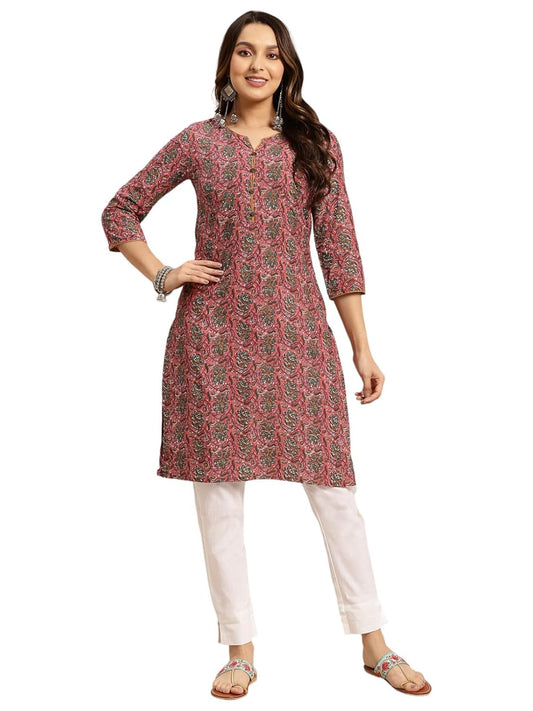 Rangita Coral Cotton Knee Length Printed Straight Kurti