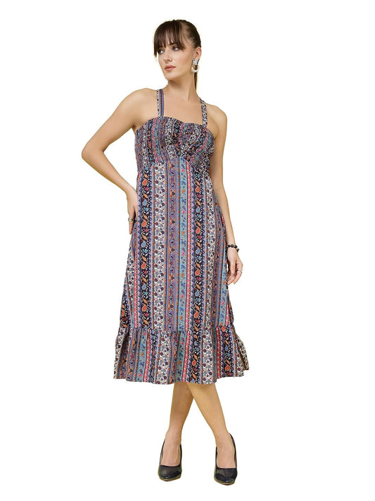 OOMPH! Women A-Line Printed Crepe Midi Dress, Smocked Bodice