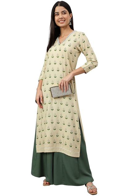 Women's Orange Rayon Gold Floral Print Straight Kurta