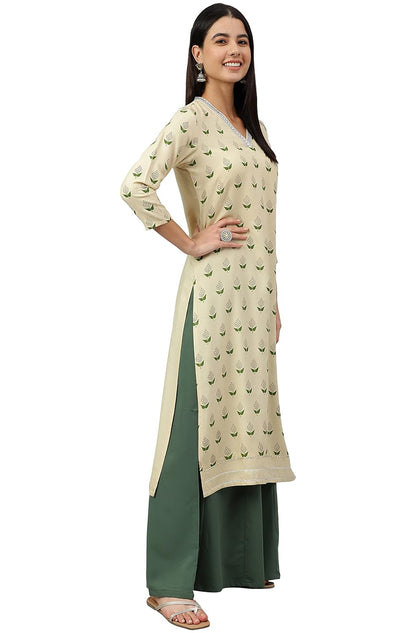 Women's Orange Rayon Gold Floral Print Straight Kurta