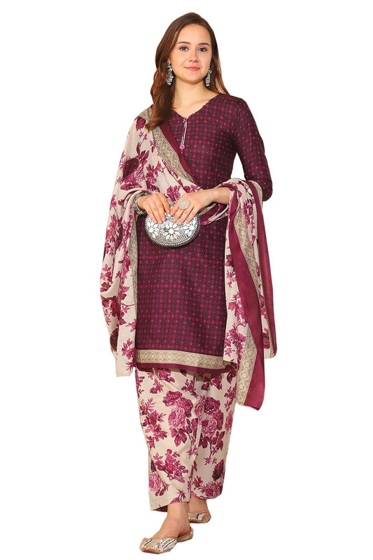 Merira Wine Cotton Blend Printed Ready to Wear