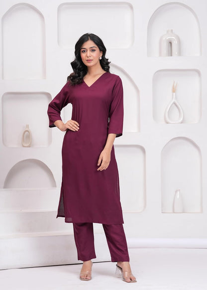 Women's Rayon Solid Plain v Neck Kurta Trouser/Pant Set