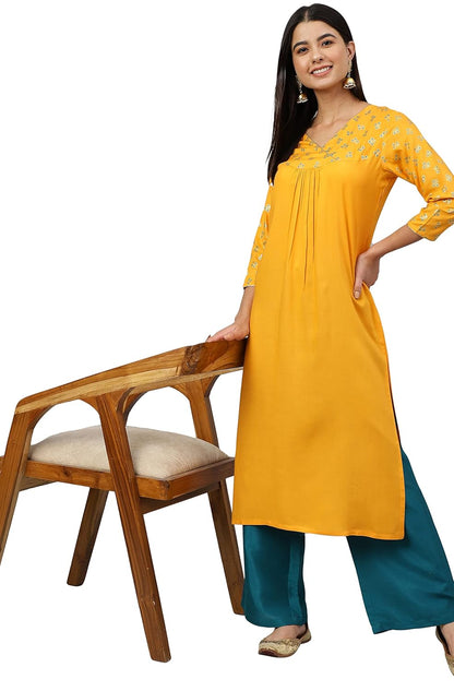 Women's Orange Rayon Gold Floral Print Straight Kurta