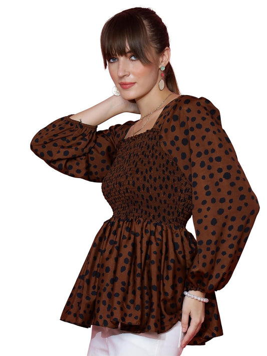 Sheetal Associates Women's Casual Bishop Sleeves Polka Print Peplum Top