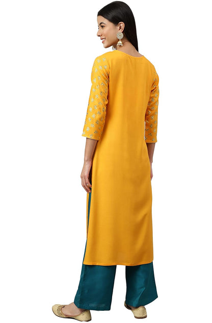 Women's Orange Rayon Gold Floral Print Straight Kurta