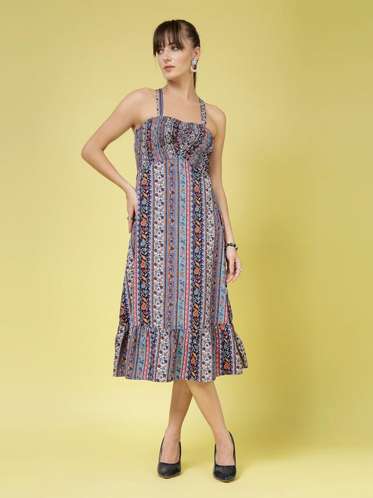 OOMPH! Women A-Line Printed Crepe Midi Dress, Smocked Bodice