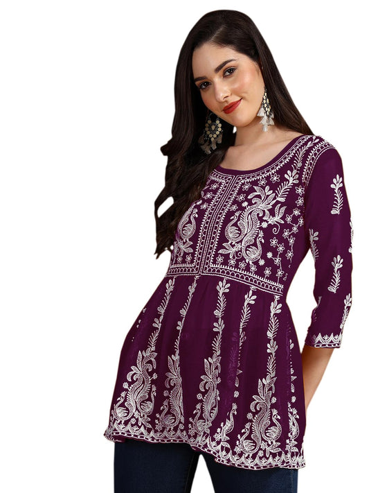 EthnicJunction Georgette Women Chikan Embroidery