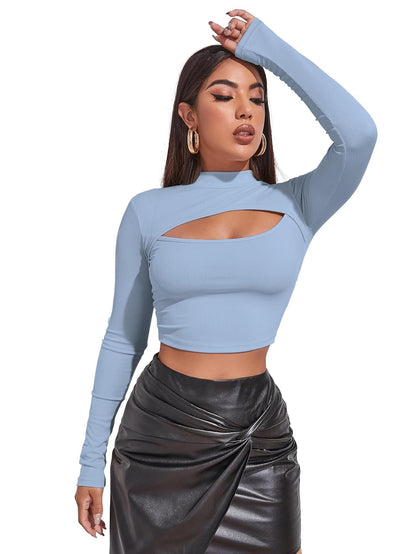 Sugathari Women's & Girl's Solid Knitted Full Sleeve High Neck Ruched Bust Crop Tee Tops (Top 109)