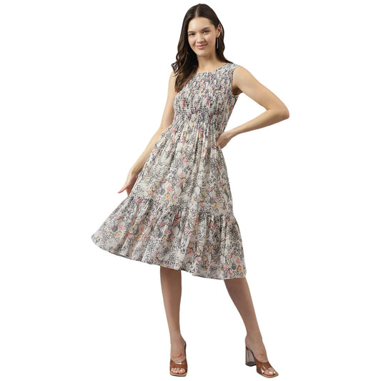 Women's Off White Georgette Floral Printed Tiered Western Dress