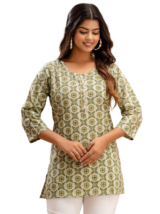 feranoid Women Cotton Printed Straight Short Kurti