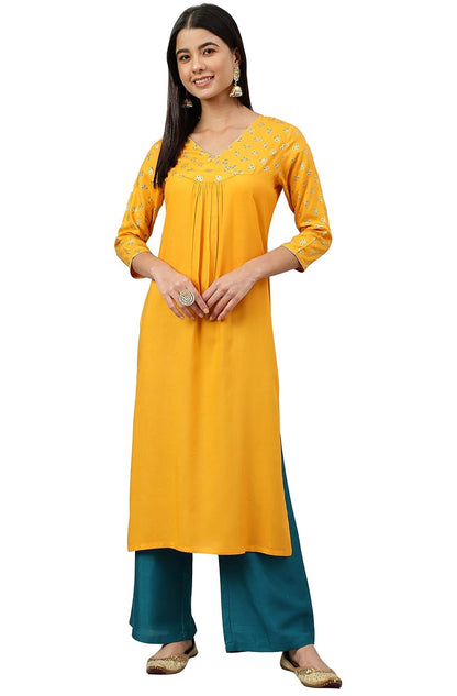 Women's Orange Rayon Gold Floral Print Straight Kurta