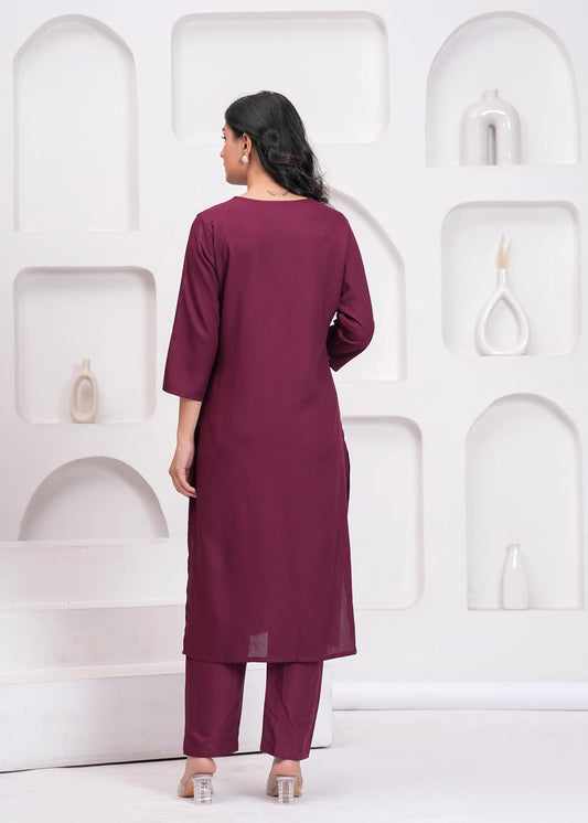 Women's Rayon Solid Plain v Neck Kurta Trouser/Pant Set