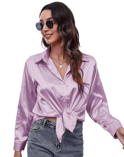 Bowrain Satin Silk Fabric Spread Collar Full Sleeve Top