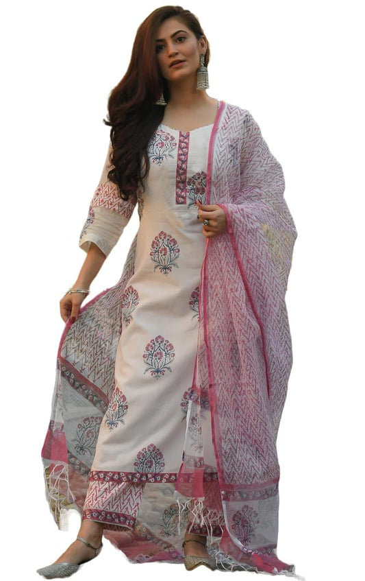 Women's Viscose Block Printed Kurta Set With Dupatta