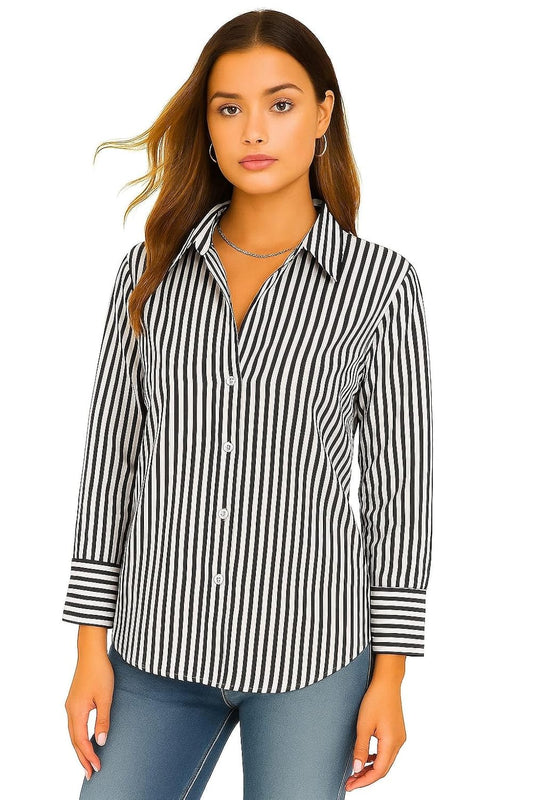 SUGARCANNE Women's Classic Striped Button-Down Shirt, Long Sleeves, Relaxed Fit, Office and Casual Wear, Shirt for Women, XS-L
