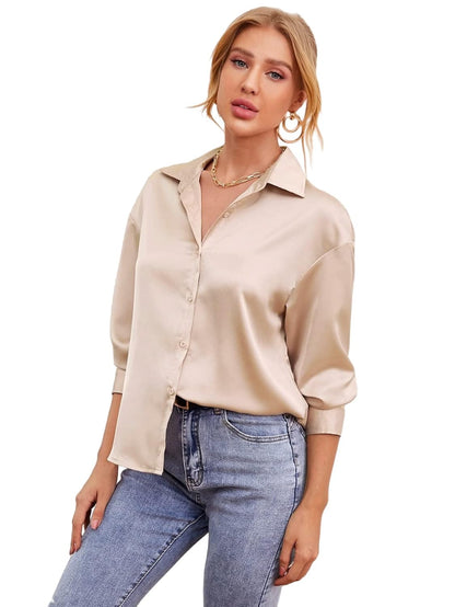 Bowrain Satin Silk Fabric Spread Collar Full Sleeve Top