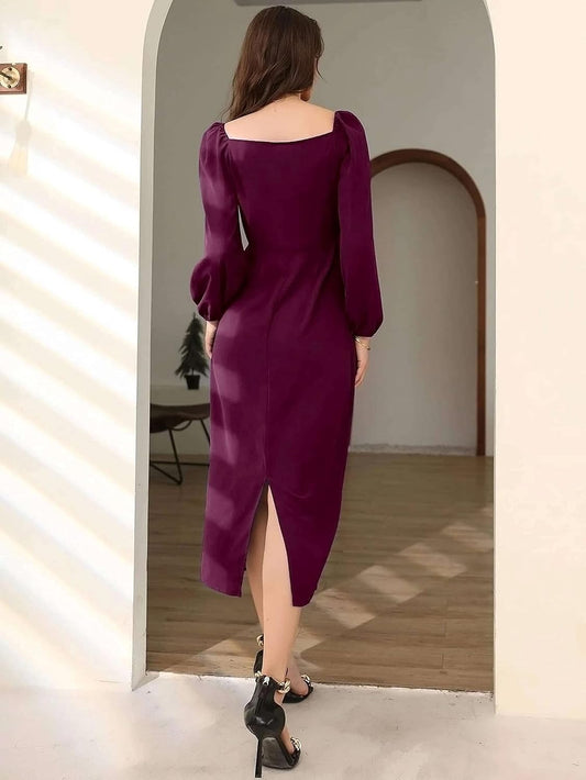 rosery paris Midi Bodycon Bishop Puff Sleeve One Piece Dress Causal Formal