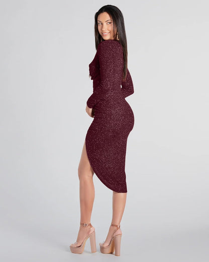 ADDYVERO V-Neck Long Sleeve Lurex Gliter Solid Front Slit Front Ruched Seam Bodycon Above Knee Length Women Dress