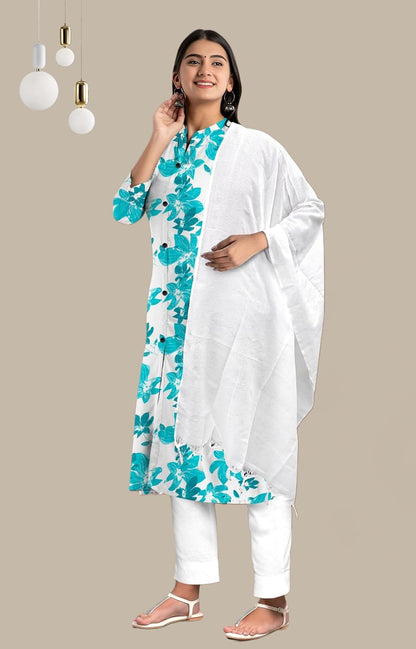 Women's Cotton Floral Print Kurti Pant Set with Dupatta