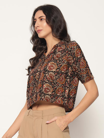HION HILS Women's Kalamkari Printed Cuban Collar