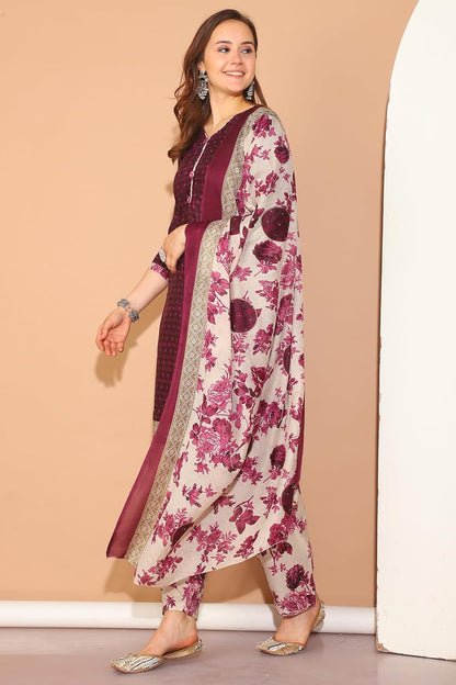 Merira Wine Cotton Blend Printed Ready to Wear