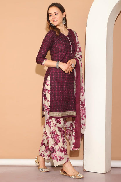 Merira Wine Cotton Blend Printed Ready to Wear