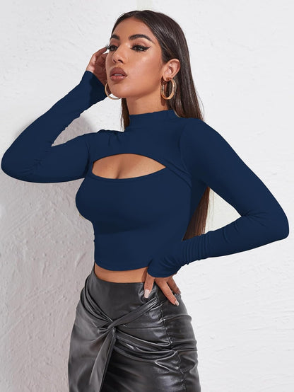 Sugathari Women's & Girl's Solid Knitted Full Sleeve High Neck Ruched Bust Crop Tee Tops (Top 109)