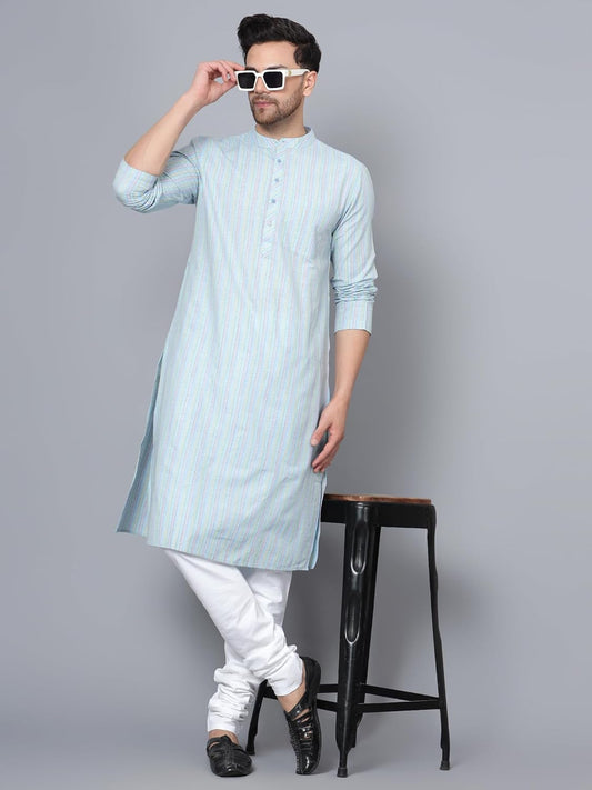 CHIKAN Men's Cotton Regular Striped Knee Lenght Kurta