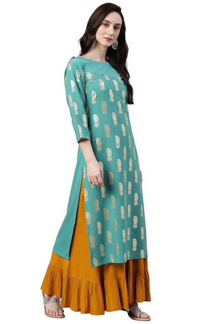 Women's Orange Rayon Gold Floral Print Straight Kurta
