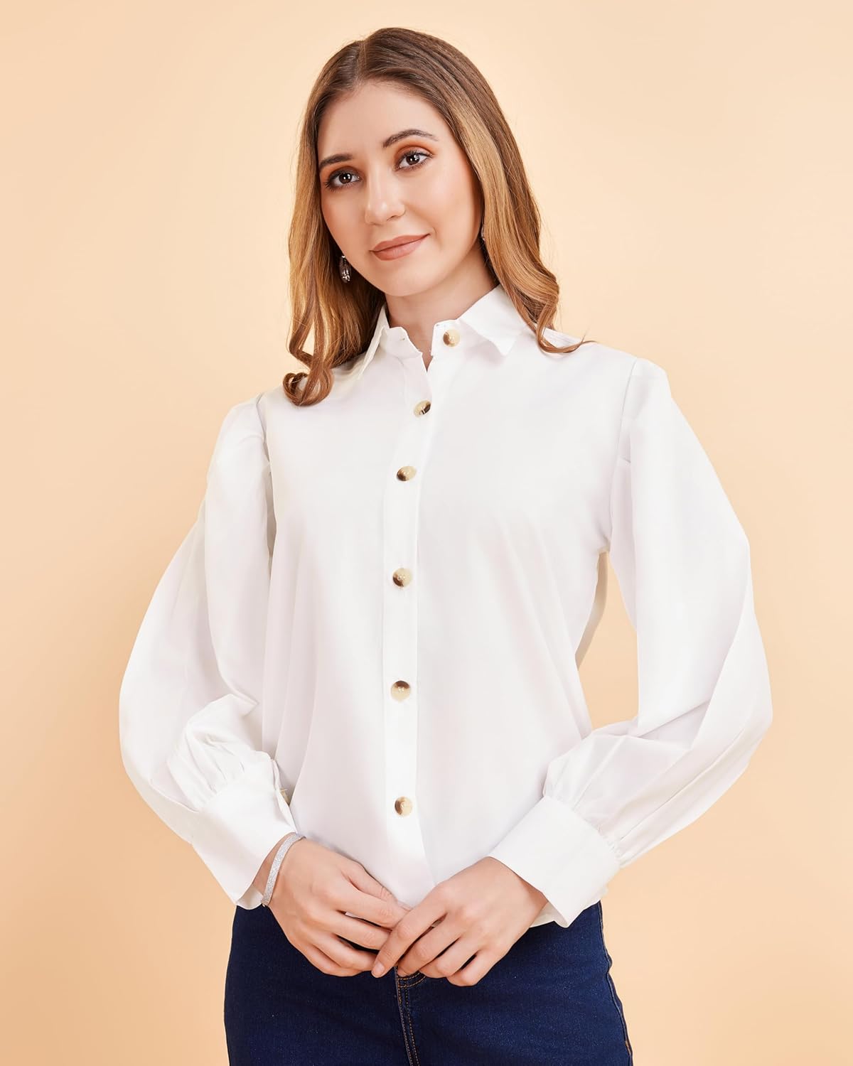 harshiv Enterprise Women's Crepe Casual Balloon Sleeve Shirt | Stylish Lightweight Top for Office, Travel Comfortable, Breathable, Easy to Care Fabric