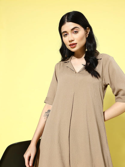 Varanga Women Beige Shirt Collar A-Line Dress