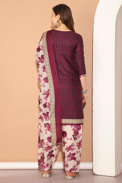 Merira Wine Cotton Blend Printed Ready to Wear