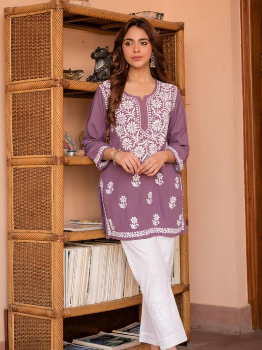 Purple Chikankari Embroidered Cotton Kurti