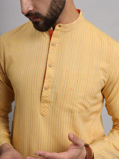 CHIKAN Men's Cotton Regular Striped Knee Lenght Kurta