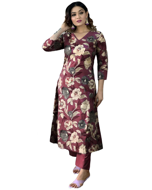 Women's Rayon Blend Straight Printed Kurta with Pant