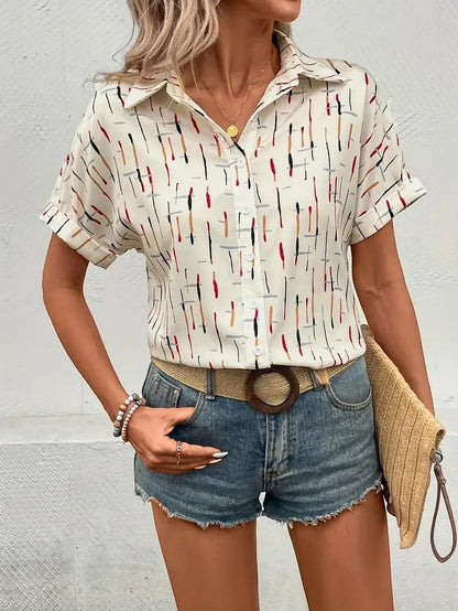 Gufrina Women’s Short Sleeve Button Down Shirt with Abstract Brushstroke Print in Beige and Multicolor - Lightweight Casual Summer Top for Relaxed Fit