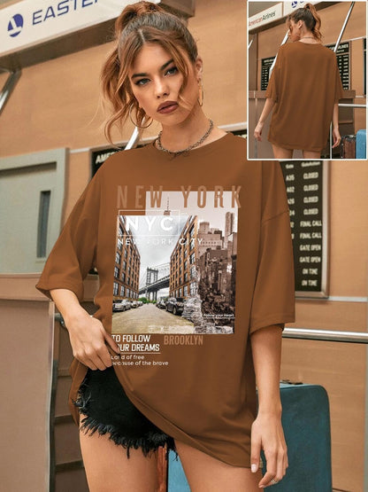 CHKOKKO Women's Polyester Oversized Fit Oversized Round Neck Drop Shoulder Printed T-Shirt
