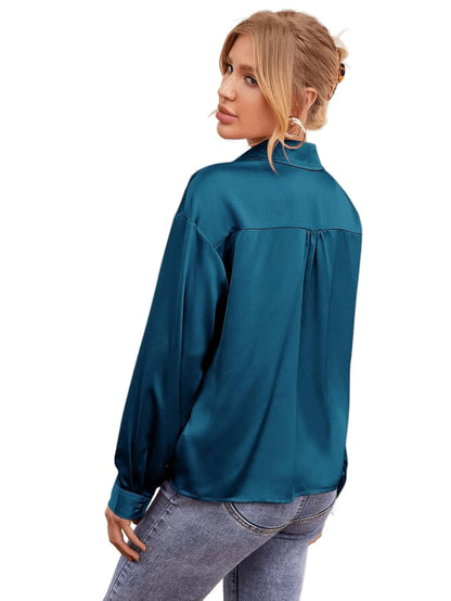 Bowrain Satin Silk Fabric Spread Collar Full Sleeve Top
