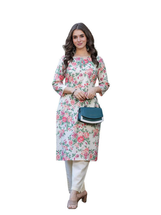 Royal Export Women's Floral Printed Beige Cotton Blend