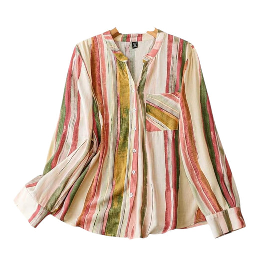 Gufrina Women's Cotton Lilen Striped Printed Shirt, Collar Neck, Full Sleeves Shirt top, Casual Wear