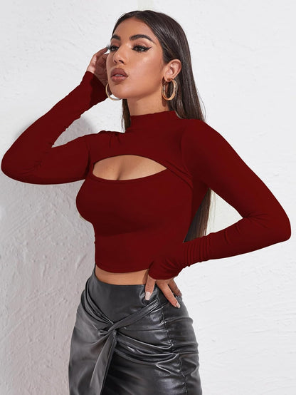 Sugathari Women's & Girl's Solid Knitted Full Sleeve High Neck Ruched Bust Crop Tee Tops (Top 109)
