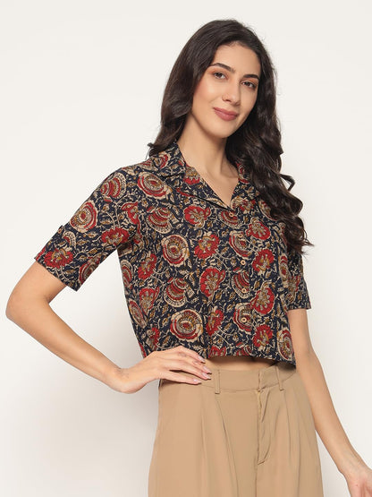 HION HILS Women's Kalamkari Printed Cuban Collar