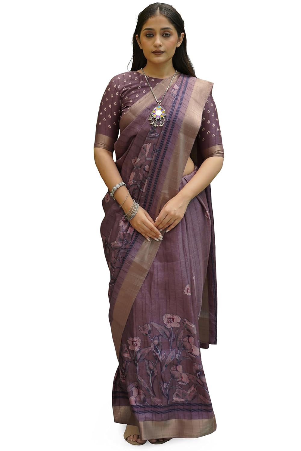Women's Silk Blend Floral Printed Saree with Blouse Piece