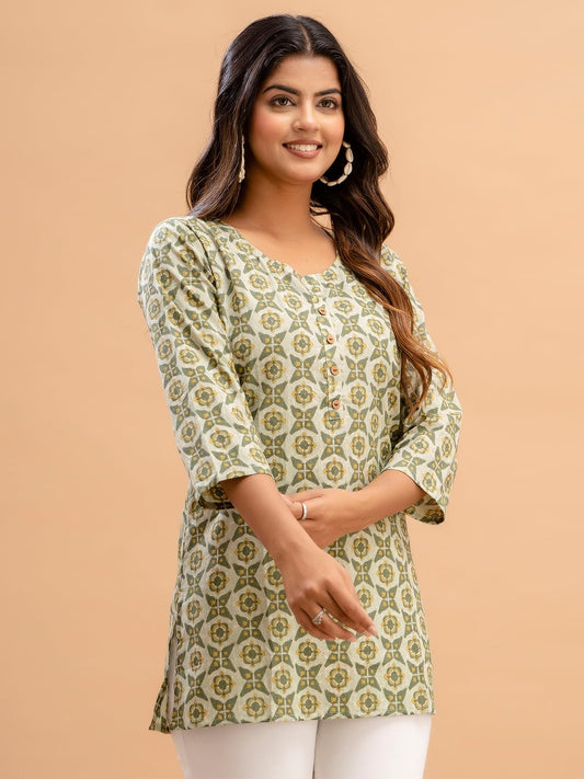 feranoid Women Cotton Printed Straight Short Kurti