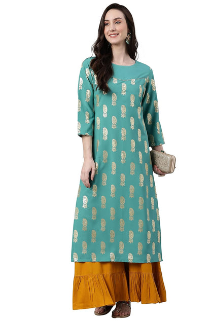 Women's Orange Rayon Gold Floral Print Straight Kurta