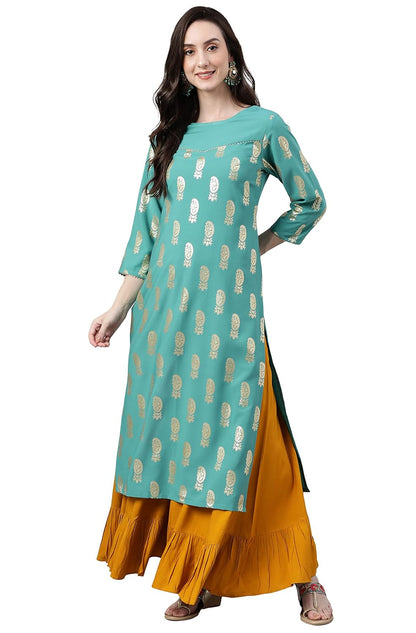 Women's Orange Rayon Gold Floral Print Straight Kurta